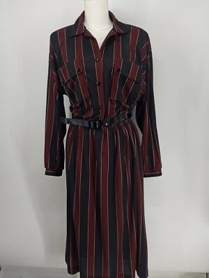 The Jones Girl Secretary’s Dress Brown Black USA Grannycore Sz 16 Striped Belted - Image 1 of 4