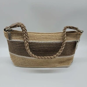 Lina Beige Brown Striped Crochet Purse Handbag Braided Strap Excellent Condition - Picture 1 of 8
