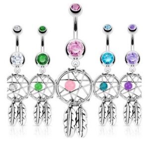 DREAMCATCHER GEM STAR & FEATHERS BELLY NAVEL RING CZ BUTTON PIERCING JEWELRY B47