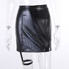 Gothic Women Faux Crozzling Leather Skirt Slit Slim Mini Punk Straight Black
