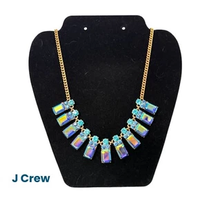 J Crew Statement Necklace Iridescent Blue Turquoise Crystal Stones Gold Adjustab - Picture 1 of 22