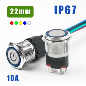 22mm Metal Pushbutton Switch LED Illuminated 10A High Current IP67 Waterproof - Picture 1 of 19