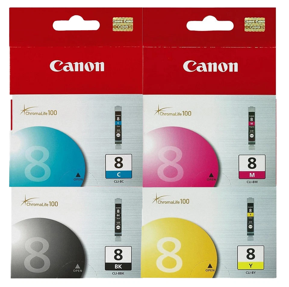 Paquete de 4 cartuchos de tinta GENUINOS Canon CLI-8 para PIXMA iP3300 iP3500 iP4200 MP500 Foto 1 de 2