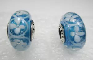 2 Blue Field of Flowers Spring Daisy Garden Pandora Murano Glass Charms w Pouch - Picture 1 of 1