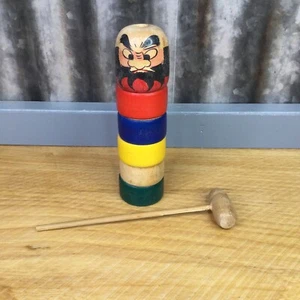 Vtg Japanese Daruma Otoshi Wooden Kokeshi Doll Block Stack Tower Game Toy Hammer - Picture 1 of 8