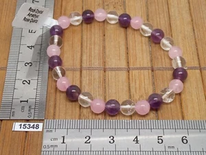 Bracelet QUARTZ ROSE + CRISTAL DE ROCHE + AMETHYSTE pierres naturelles perle 6mm - Picture 1 of 2