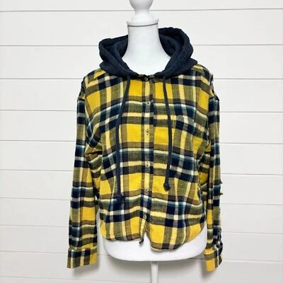 American Eagle Acogedora Cabina Recortada Sudadera con Capucha Franela Amarillo y Azul Talla S Foto 1 de 4