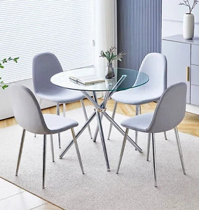 Dining Set, Small Glass Round Kitchen Table (90cm) & 4 Grey Fabric Dining Chairs - Picture 1 of 8