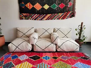 Moroccan Handmade Floor Couch - Unstuffed Wool White Sofa covers + Pillow cases - Picture 1 of 11