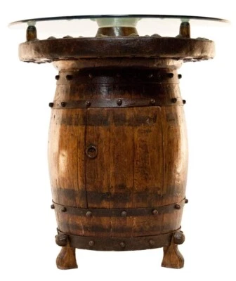 Antigua mesa de bar de barril con tapa de vidrio china Foto 1 de 4