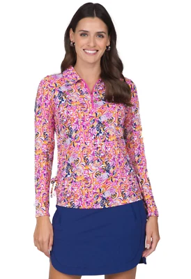 IBKUL Marissa Print Adjustable Length Long Sleeves Golf Polo in Hot Pink/Orange