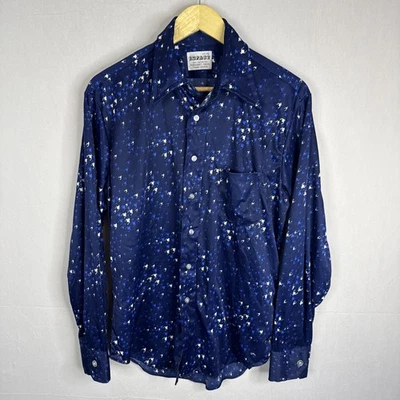 Vintage 70s Impact Permanent Press Disco Shirt Blue Houndstooth Men’s Large - Image 1 of 4