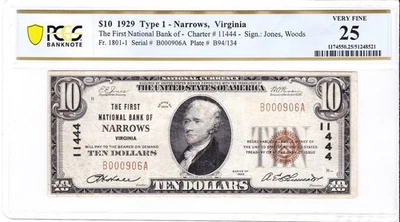 $10 1929 T1 National NARROWS Virginia VA 🇺🇸 Extremely Rare! Only 7 on Census! - Image 1 of 2