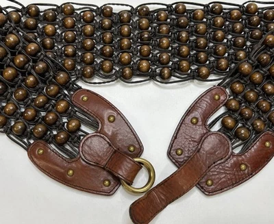 Vintage ANNE KLEIN 4" Wide WOODEN BEAD LEATHER STATEMENT BELT M 38” BROWN Boho - Image 1 of 4