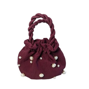 Staud Red Wine Satin Pearl Grace Bag Faux Pearl Bead Accent Top Handle NWT - Picture 1 of 9