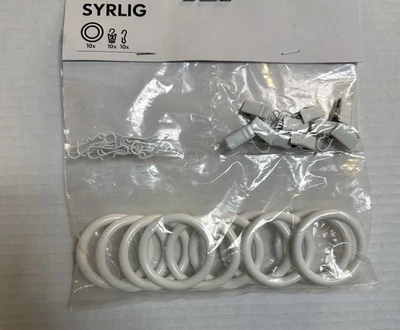 Ikea SYRLIG 1" Curtain Ring Set (10-pack w/ Hooks & Clips) White NEW NIP - Image 1 of 2