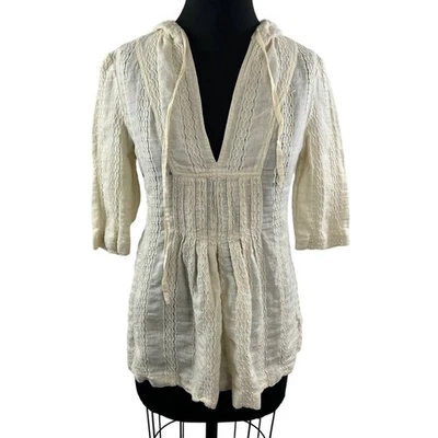 DE COLECCIÓN JUICY COUTURE Crema Marfil Algodón Lino Tejido Media Manga Sudadera con Capucha Suéter Top S Foto 1 de 4