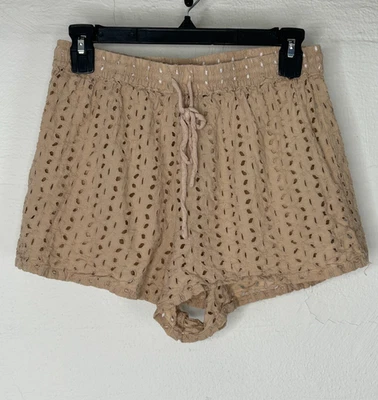 Khaki Eyelet Cotton Drawstring Swim Cover Up Shorts Size 8 Beach Nasty Gal - Image 1 of 4