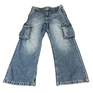 Vintage Mens Jeans Cargo Relaxed 36 30 Wide Leg Baggy High Waist Hip Hop Blue - Picture 1 of 10
