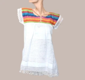 Mexican Handmade Woven Top M Artisanal Fringe Women's Blouse White  - Picture 1 of 6