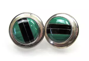 Vtg Taxco TL-82 Sterling Silver Earrings Black Onyx Round Inlay Mexico - Picture 1 of 7
