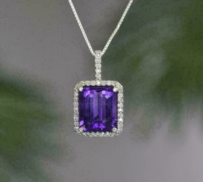 3.50Ct Emerald Cut Simulated Purple Amethyst Halo Pendant 14k White Gold Plated - Image 1 of 4