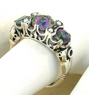 ANEL ESTILO ANTIGO 925 PRATA ESTERLINA MACIÇA QUARTZO MÍSTICO E PÉROLA #544 - Imagem 1 de 4