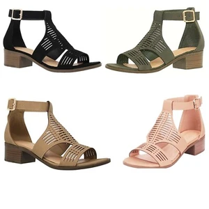 Women's Open Toe Cutout Chunky Heel Ankle Strap Vegan Suede Strappy Sandals - Picture 1 of 16