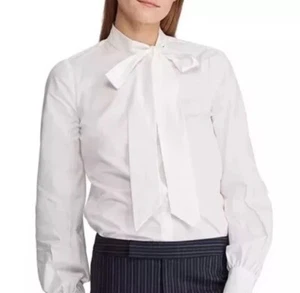 NWT Lauren Ralph Lauren Women’s Tie Neck Blouse White Size 2 - Picture 1 of 5