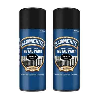 2 x Hammerite BLACK 400ml Direct To Rust Smooth Quick Drying Spray Paint - Image 1 of 4