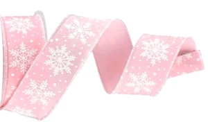 Pink 1.5" by 2 yd Wired Ribbon White Snowflakes Winter Season Glitter - Picture 1 of 3
