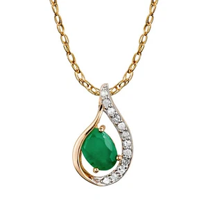 Collar Colgante Gota Oro Amarillo 10k Genuino Ovalado Esmeralda y Diamante Halo - Imagen 1 de 5