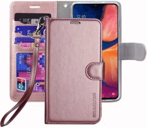 Samsung Galaxy A20 Case Luxury Leather Wallet W Kickstand Full Body Gold Rose - Picture 1 of 6