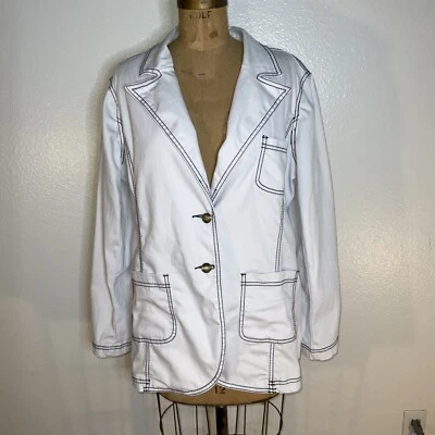Vintage White Stretch Denim Blazer With Blue Stitching DG2 By Diane Gilman XL - Image 1 of 4
