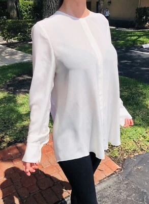 10 Crosby Derek Lam 女式 100% 真丝长袖圆领象牙色衬衫 L 码 — 第 1/4 张图片