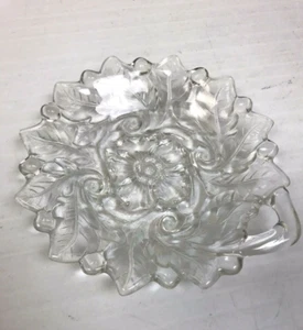 Small Clear Glass Candy Dish Trinket Holder Floral And Leaf Design 6" Cottage - Picture 1 of 4
