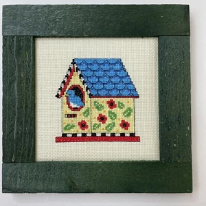 Handmade Cross Stitch Wooden Framed Bird in Birdhouse Wall Hangings Folk Art - Picture 1 of 3