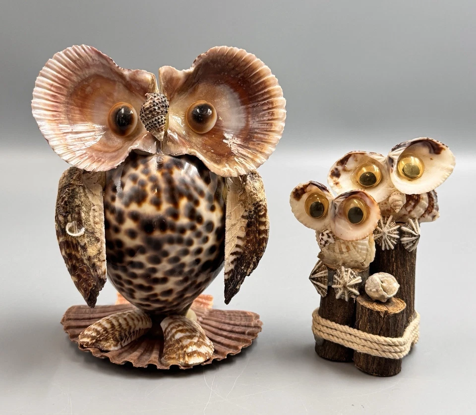Pair Vintage Sea Shell Owl Art Sculpture Hand Crafted Figurines 4.5” & 3.5” Tall - Image 1 of 4