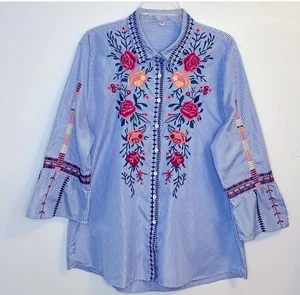 Blusa campesina bordada floral y rosas azul blanco manga 3/4 para mujer - Imagen 1 de 4