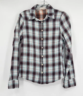 Camisa de CP Tonos Azul Marrón Franela Cuadros Manga Larga Botón Frontal Top Foto 1 de 3