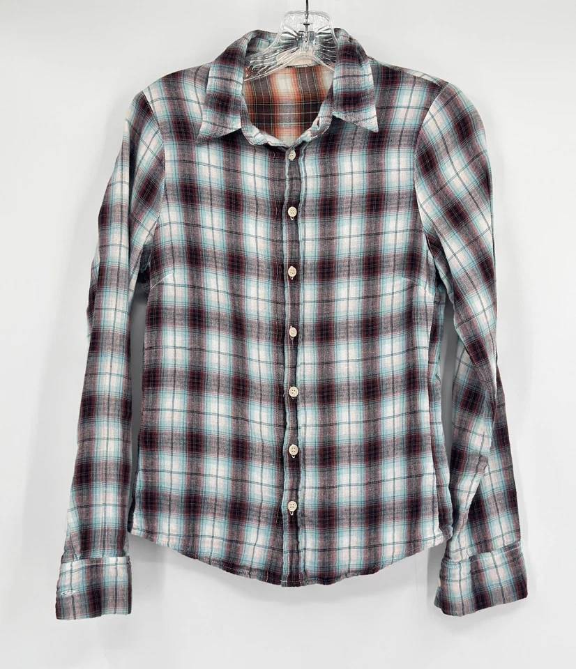 Camisa de CP Tonos Azul Marrón Franela Cuadros Manga Larga Botón Frontal Top Foto 1 de 3