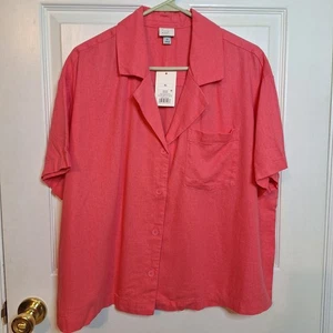 A New Day Bright Pink Linen Blend Button Up Short Sleeved Shirt Cropped Size XL - Picture 1 of 10