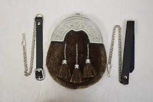 GENUINE SEAL FUR & LEATHER SCOTTISH SPORRAN & CHAIN BELT KILT ACCESSORIES  - Picture 1 of 5