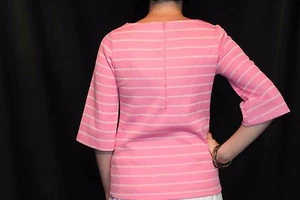 S~M Vtg 70s Bell Sleeve Blouse SEARS KNIT TOP Pink White Stripe Shirt Mod Boho - Picture 1 of 6