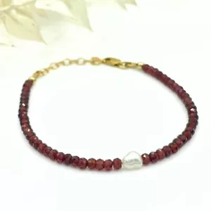 Weiße Perle & Granat 2 facettierte runde Edelsteine Perlen Damen Armband 6-8" - Bild 1 von 10