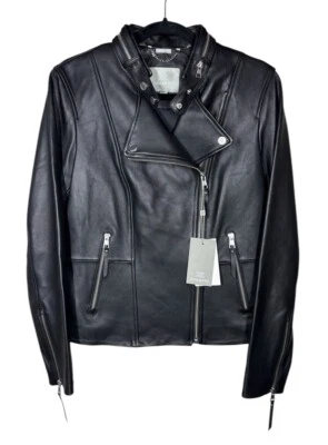 SOIA & KYO S Pequeña Chaqueta de Cuero Gigi Flexible Negro Cordero Cuero Cremallera Moto Foto 1 de 4