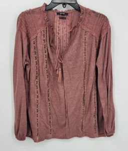 Miss Me Top Womens Medium Dark Pink Crochet Tassel Tie Boho Peasant Blouse - Picture 1 of 9