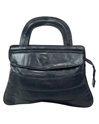 VINTAGE 60s 70s NAVY BLUE MOD GOGO LEATHER SMALL HAND-BAG - Image 1 of 4