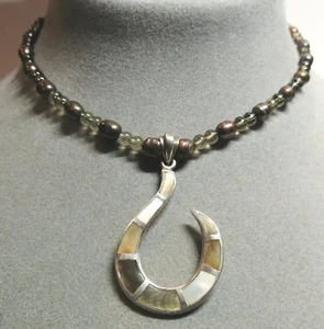 All Sterling 925 Silver Pendant Necklace Abalone MOP Hook Pearl Quartz Stone 17" - Picture 1 of 10