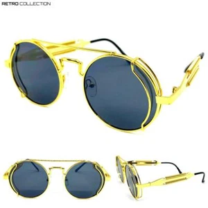 Men's Classic RETRO STEAMPUNK Cyber SUN GLASSES Round Gold Metal Frame Dark Lens - Picture 1 of 7